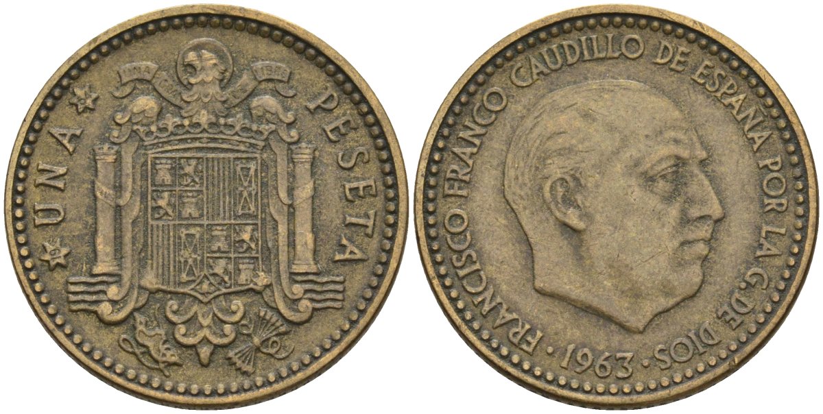 Испания 1 песета 1963 (64) Франсиско Франко (1939-1975) KM 775 алюминиевая бронза 3336-727