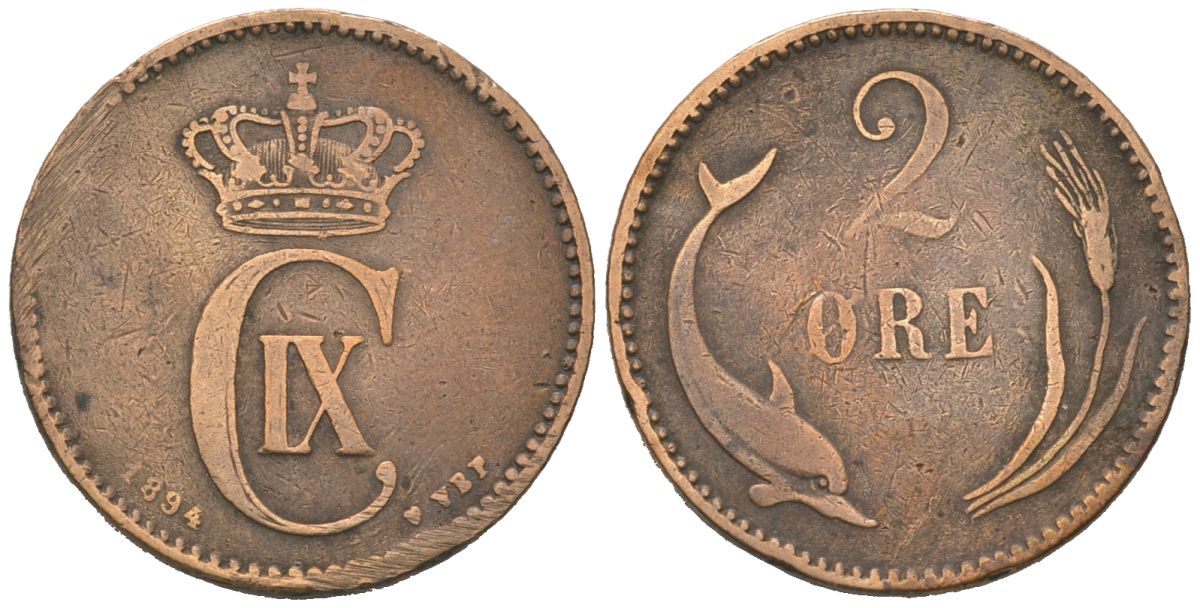 Дания 2 эре 1894 Кристиан IX (1863-1906) KM 793.2 бронза 4571-935