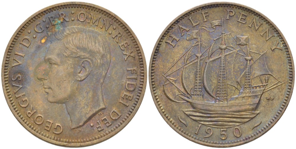 Великобритания 1/2 пенни 1950 Георг VI (1936-1952) KM 868, Spink 4118 бронза 89-643