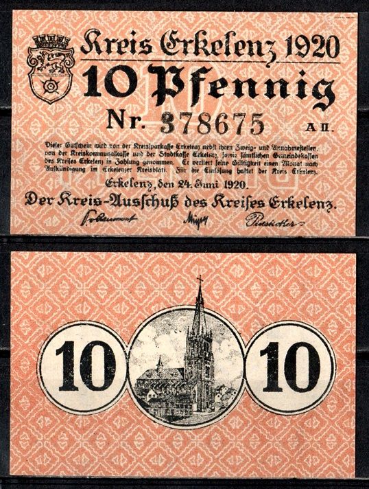 Эркеленц (Пруссия, Рейн) 10 пфеннигов 1920 Mehl Grabowski E24.10a бумага UNC (пресс) 7555-58-2-1