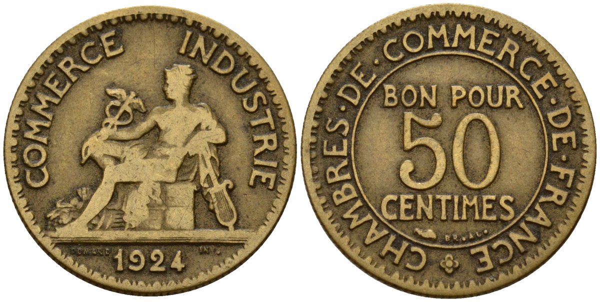 Франция 50 сантимов 1924 Тип CHAMBRES DE COMMERCE KM 884 алюминиевая бронза 4189-764
