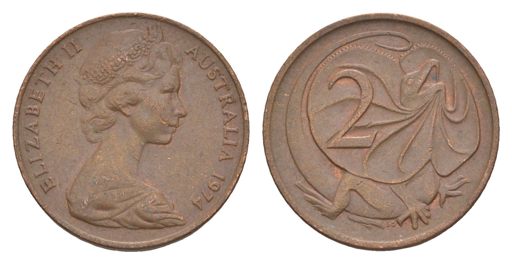 Австралия 2 цента 1974 Елизавета II (1952-2022), плащеносная ящерица KM 63 бронза 4580-121