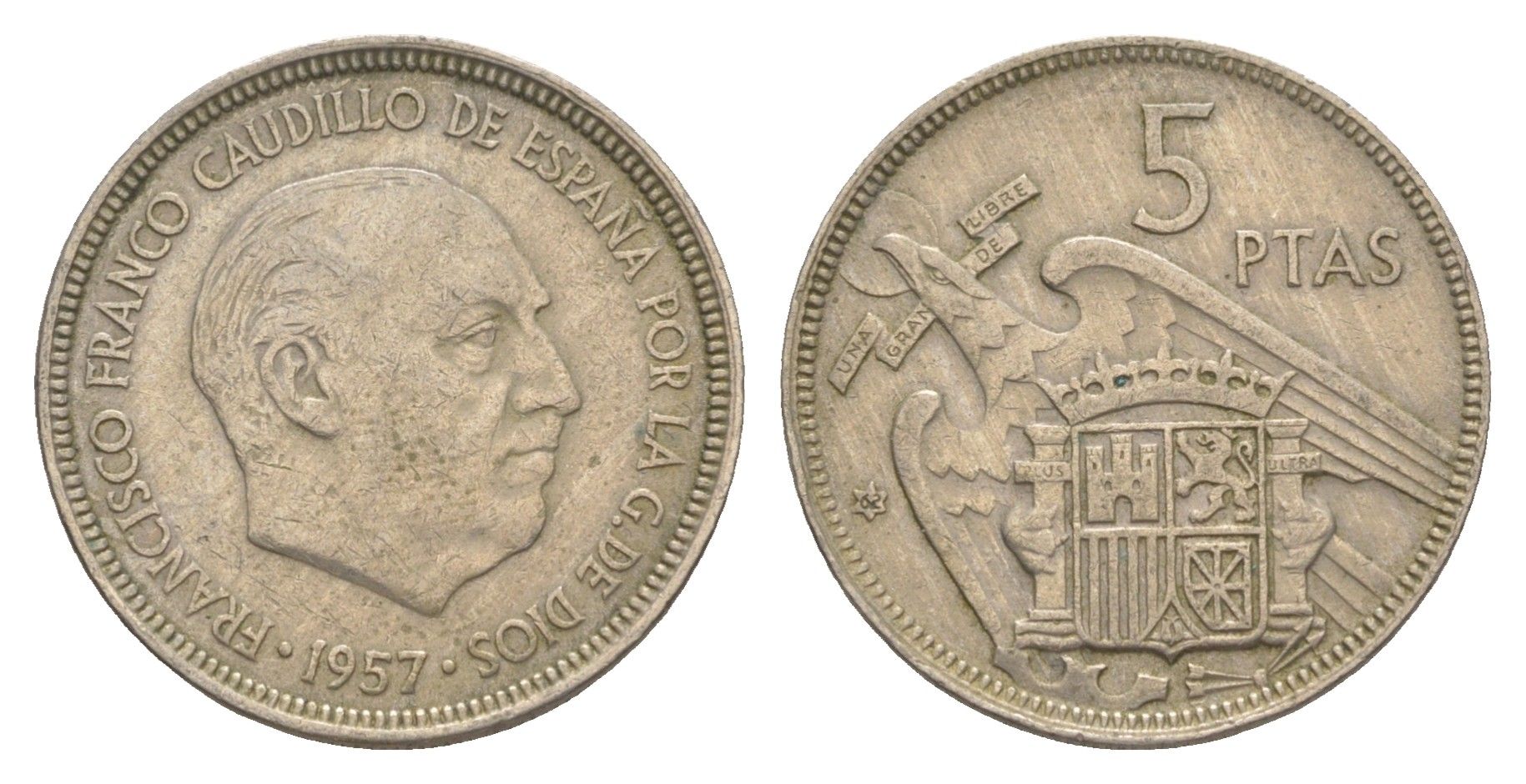 Испания 5 песет 1957 (62) Франсиско Франко (1939-1975) KM 786 медно-никель 4538-417