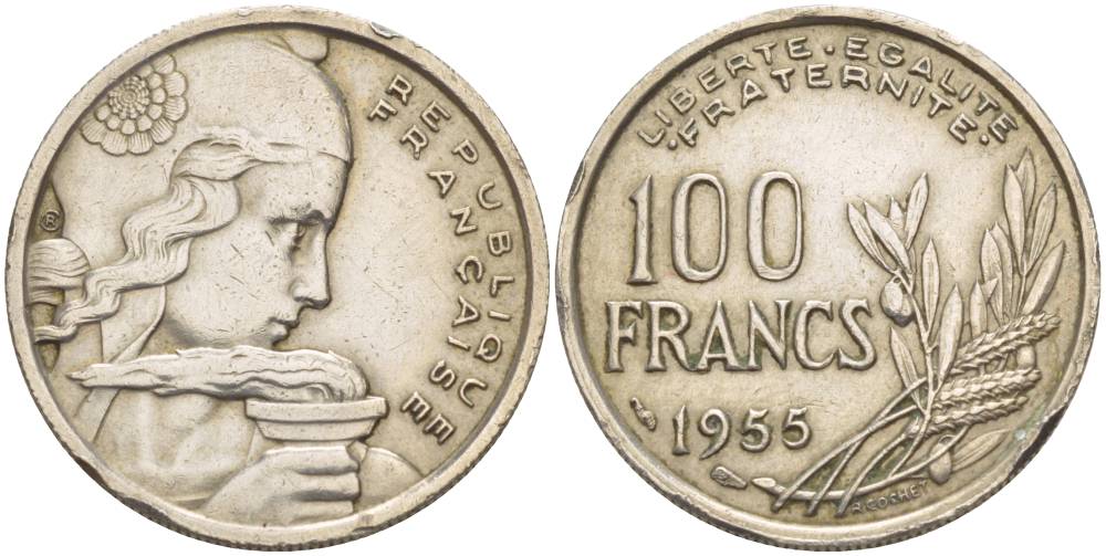 ФРАНЦИЯ 100 ФРАНКОВ 1955 ТИП COCHET KM 919.1, LE FRANC 450.5 медно-никель 4551-637