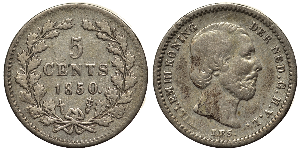 Нидерланды 5 центов 1850 Виллем III (1849-1890), точка после даты KM 91 серебро 443-334