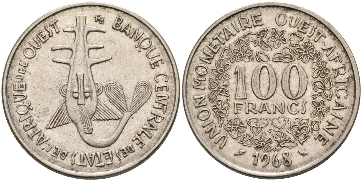 Валютный Союз стран Западной Африки 100 франков 1968 KM 4 никель 4575-1137