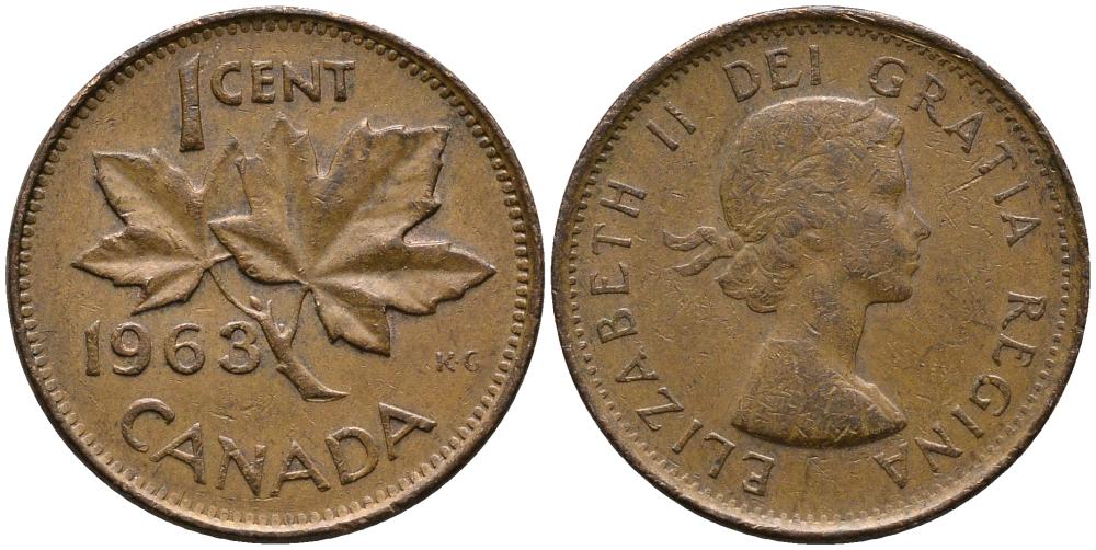 Канада 1 цент 1963 Елизавета II (1952-2022), кленовый лист KM 49 бронза 4549-357