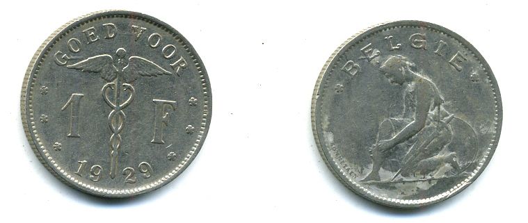 БЕЛЬГИЯ 1 ФРАНК 1929 BELGIE KM 90 никель 37-116