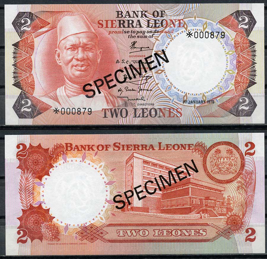 Сьерра-Леоне 50 центов, 1, 2, и 5 емалангени 1978 образец, Specimen, № 000879 Pick 4 s, 5 s, 6 s, 7 s  бумага  UNC (пресс) 451-164-2