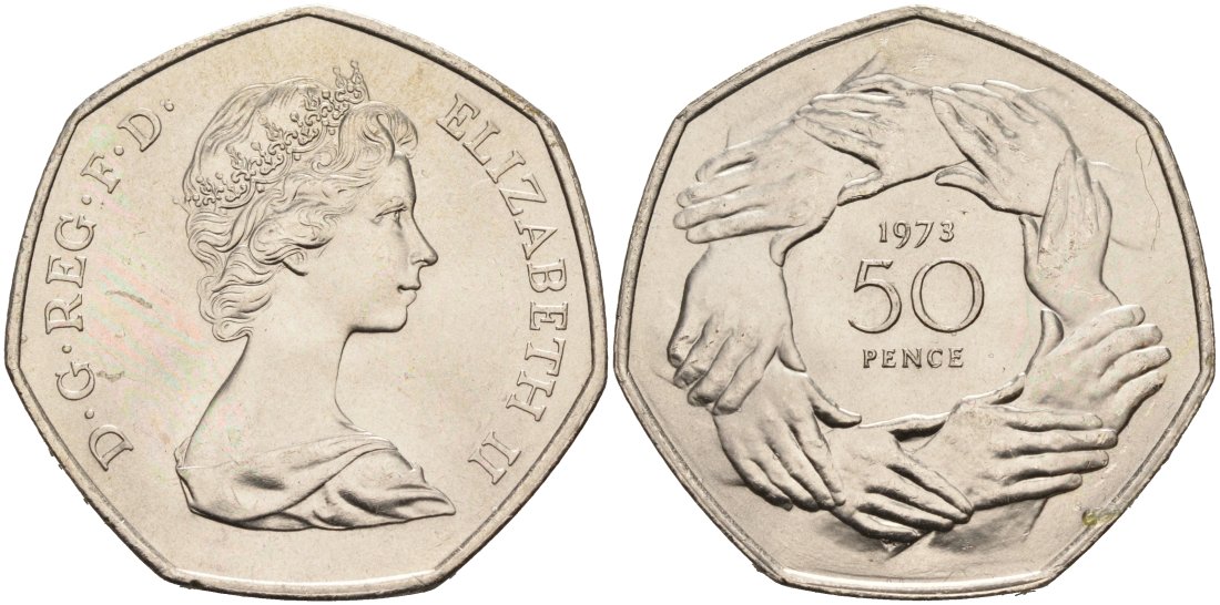 Великобритания 50 пенсов 1973 Елизавета II (1952-2022), вступление в Европейское экономическое сообщество KM 918, Spink 4224 медно-никель UNC 4565-246