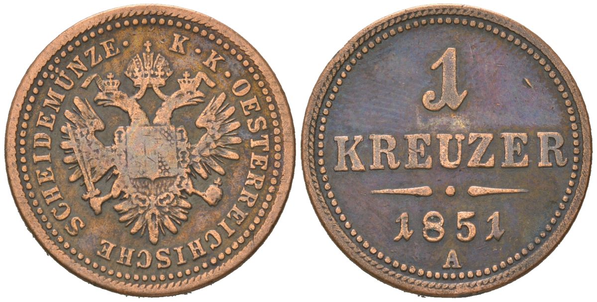 Австрия 1 крейцер 1851 A, Франц Иосиф I (1848-1916) KM 2185 медь 4615-263