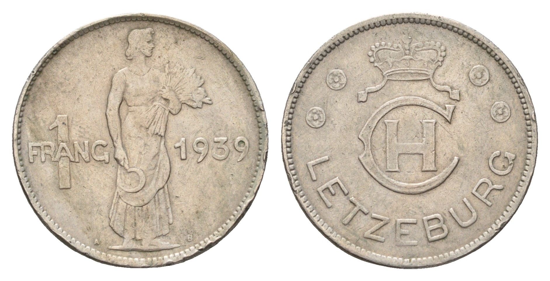 Люксембург 1 франк 1939 Шарлотта (1918-1964) KM 44 медно-никель 95-1222