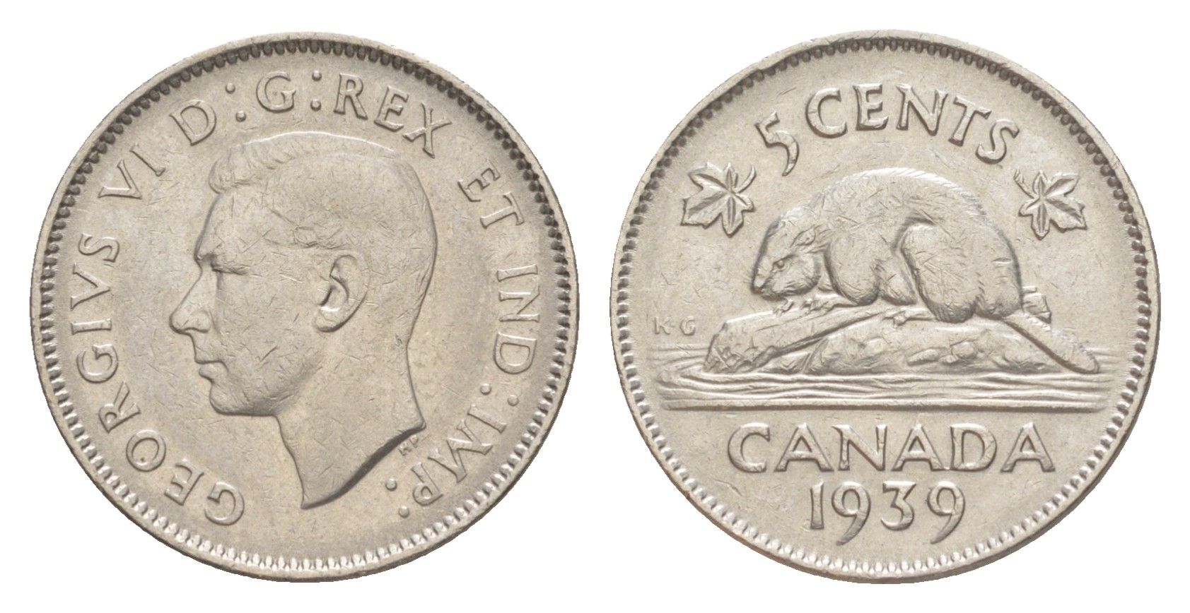 Канада 5 центов 1939 бобр, Георг VI (1936-1952) KM 33 никель 4639-421