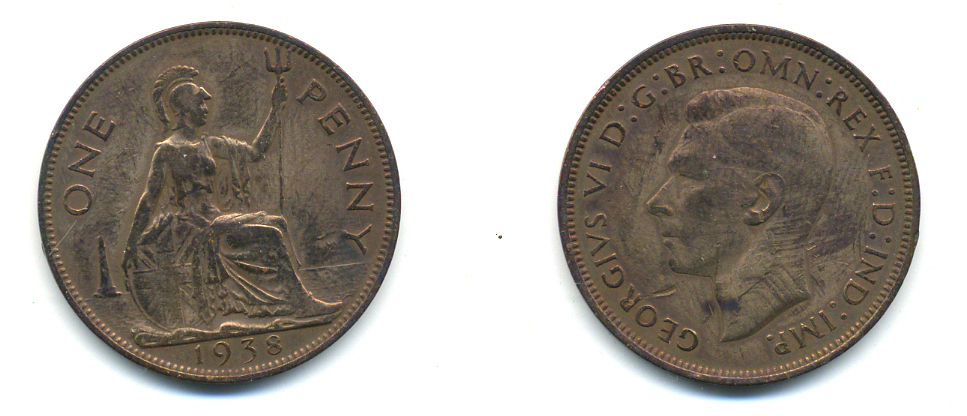 Великобритания 1 пенни 1938 Георг VI (1936-1952) KM 845, Spink 4114 бронза 83-614