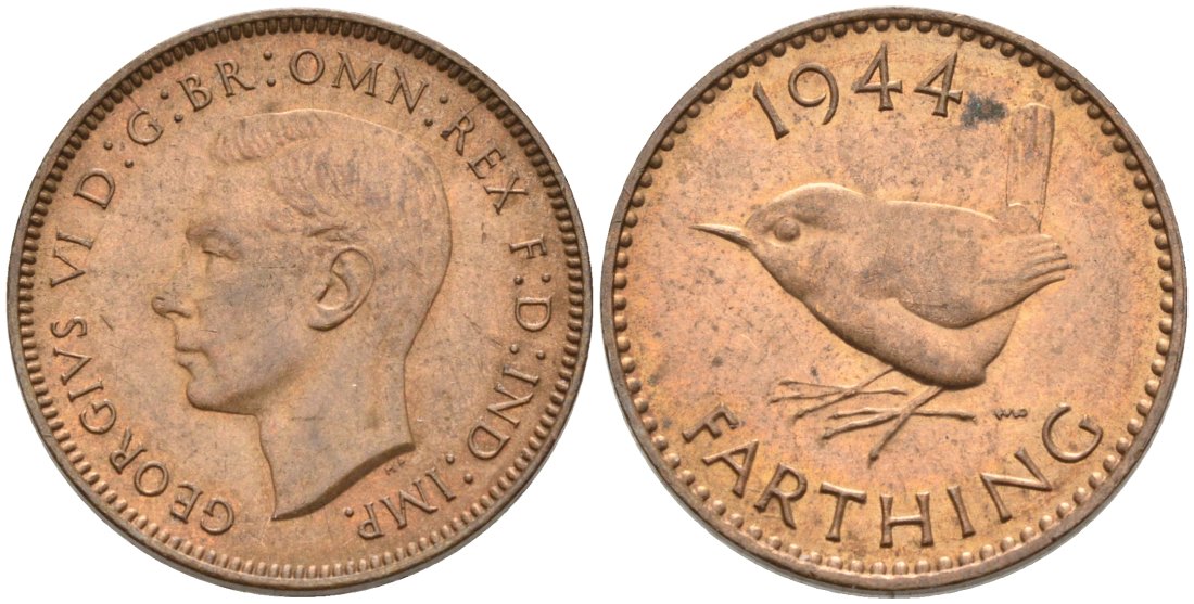 Великобритания 1 фартинг 1944 Георг VI (1936-1952) KM 843, Spink 4116 бронза 92-644