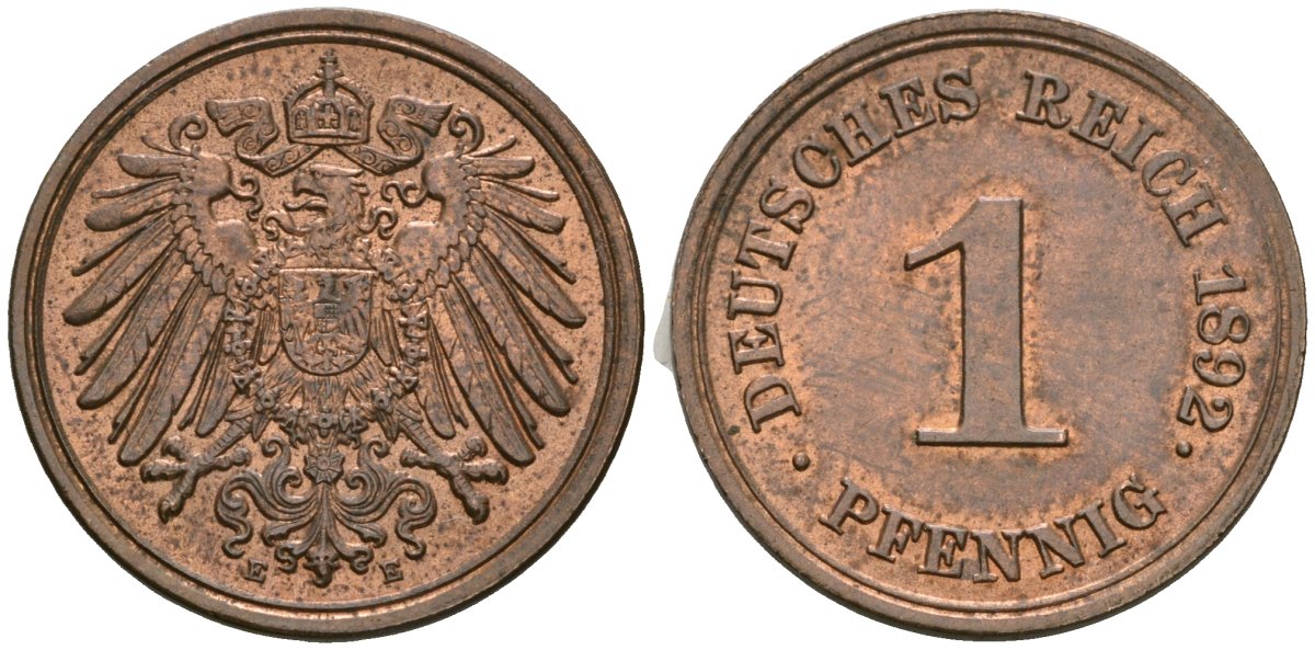 Германия 1 пфенниг 1892 E, Вильгельм II (1888-1918) KM 10, J. 10 медь 4608-614