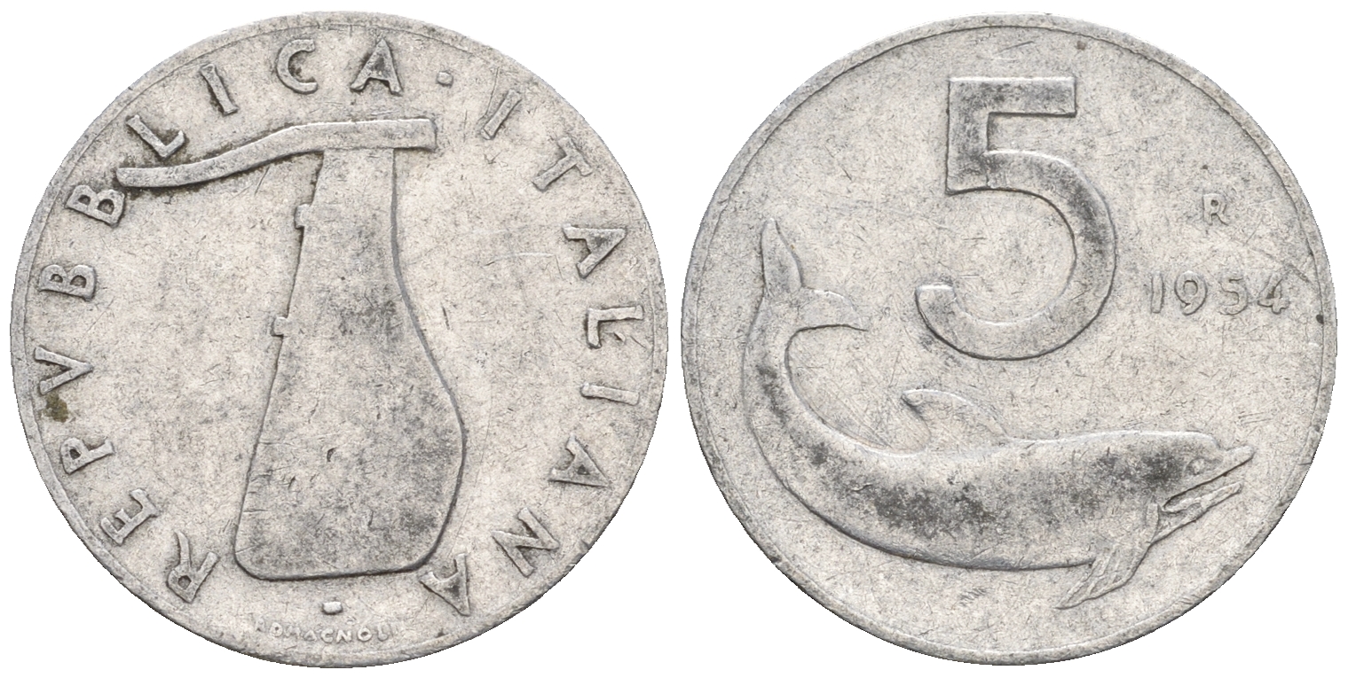 Италия 5 лир 1954 R, руль, дельфин KM 92 алюминий 259-122