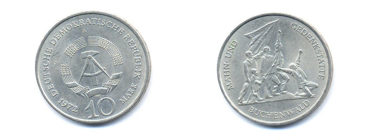 ГДР 10 марок 1972 A, мемориал Бухенвальда KM 38, J. 1539 медно-никель 3333-215