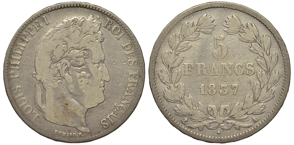 Франция 5 франков 1837 A, Луи Филипп I (1830-1848) KM 749.1 серебро 1516-1625