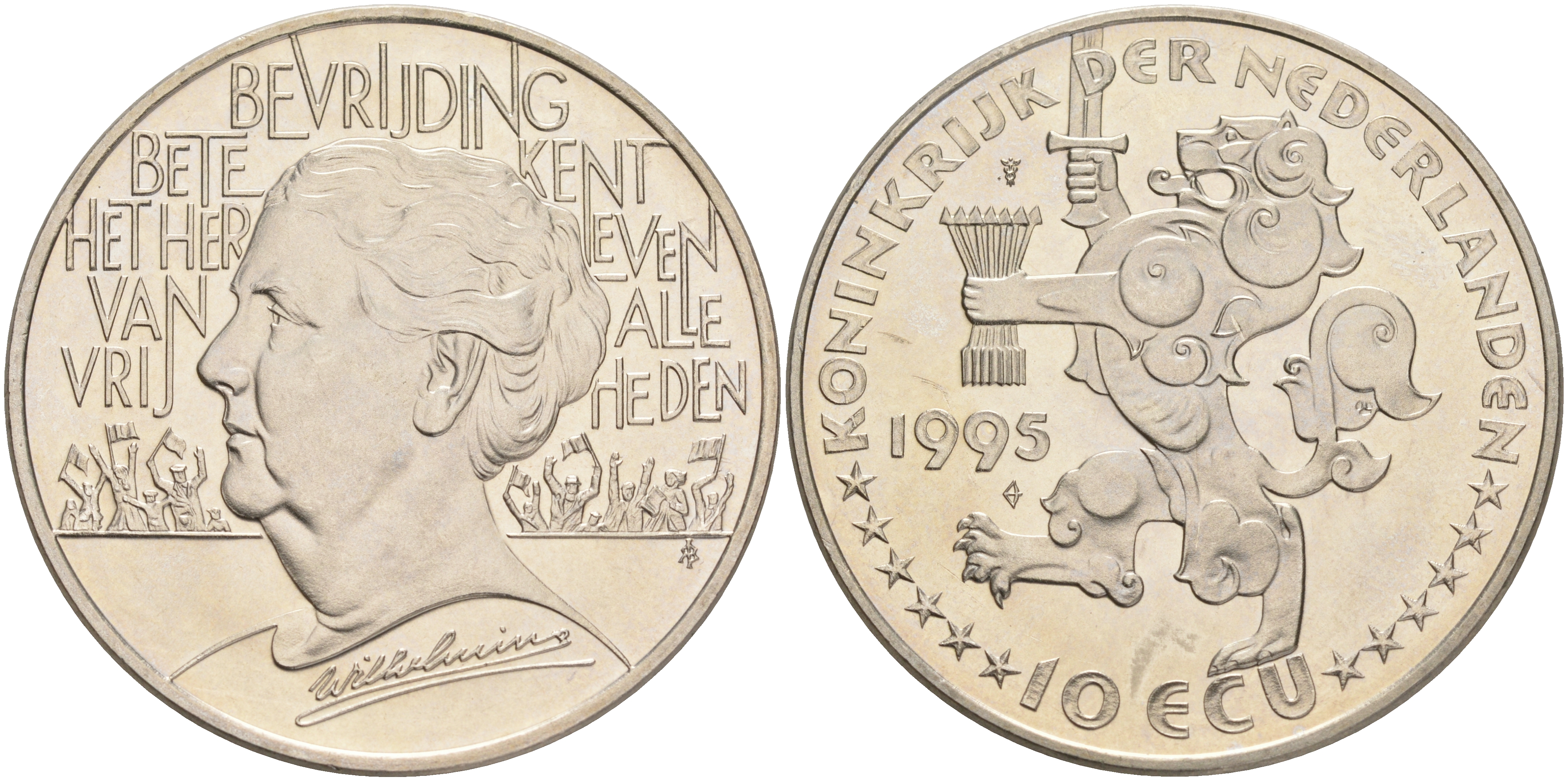 НИДЕРЛАНДЫ 10 ЭКЮ 1995 ВИЛЬГЕЛЬМИНА медно-никель UNC 4552-833