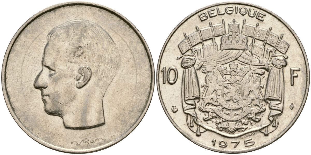 Бельгия 10 франков 1975 Belgique, Бодуэн I (1951-1993) KM 155.1 никель 4135-1027