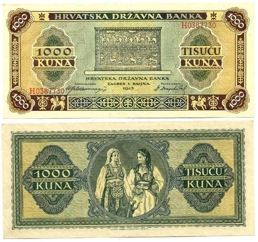 ХОРВАТИЯ 1000 КУНА 1943 Pick 12 бумага аUNC 3295-40-2