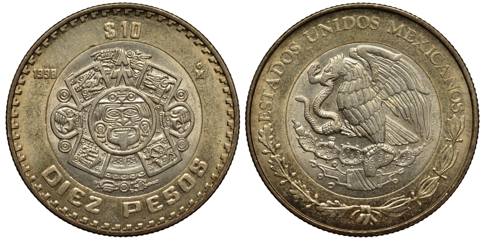 Мексика 10 песо 1998 Мо, бог Тонатиуха с огненной маской KM 616 биметалл XF- 215-1021