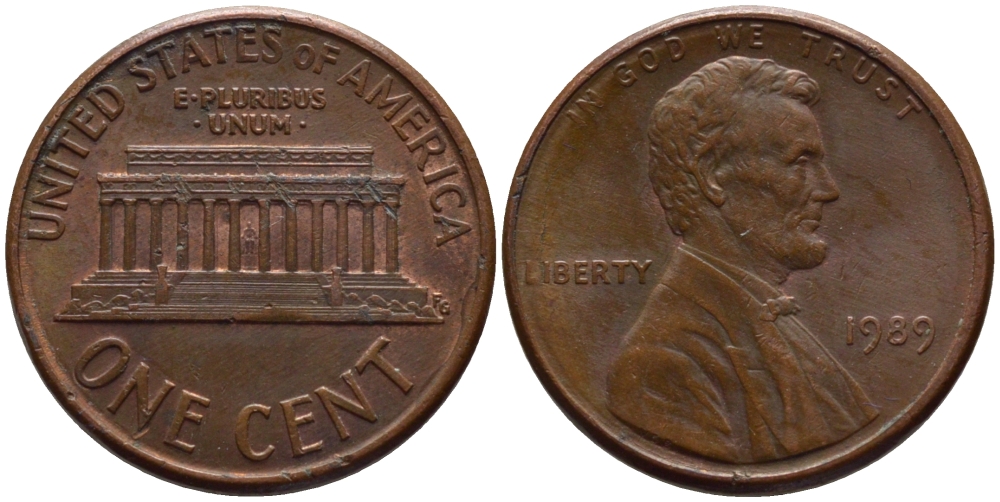 США 1 цент 1989 Линкольн KM 201b цинк плакированный медью 66-1033