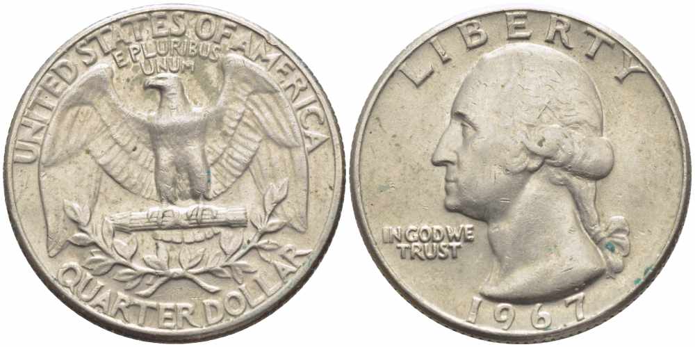 США 25 центов (квотер) 1967 Вашингтон КМ 164а медь плакированная медно-никелем 63-821