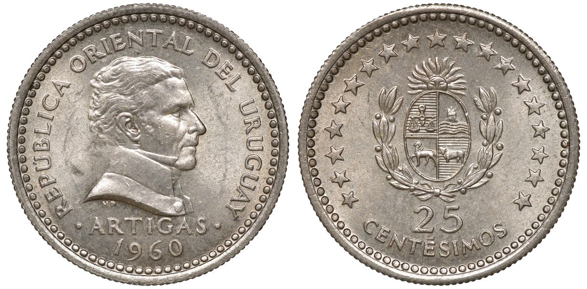 Уругвай 25 сентесимо 1960 KM 40 медно-никель 4169-841