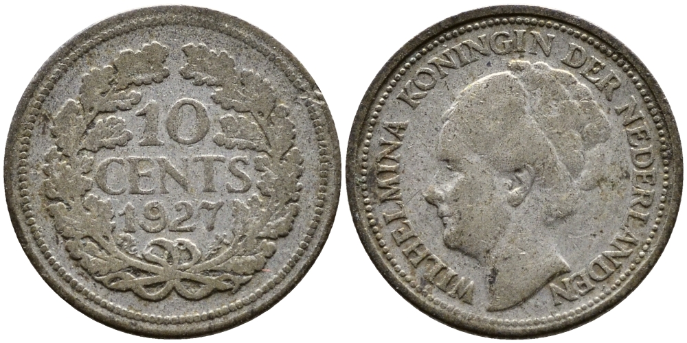 Нидерланды 10 центов 1927 Вильгельмина I (1890-1948) КМ 163 серебро 4387-723