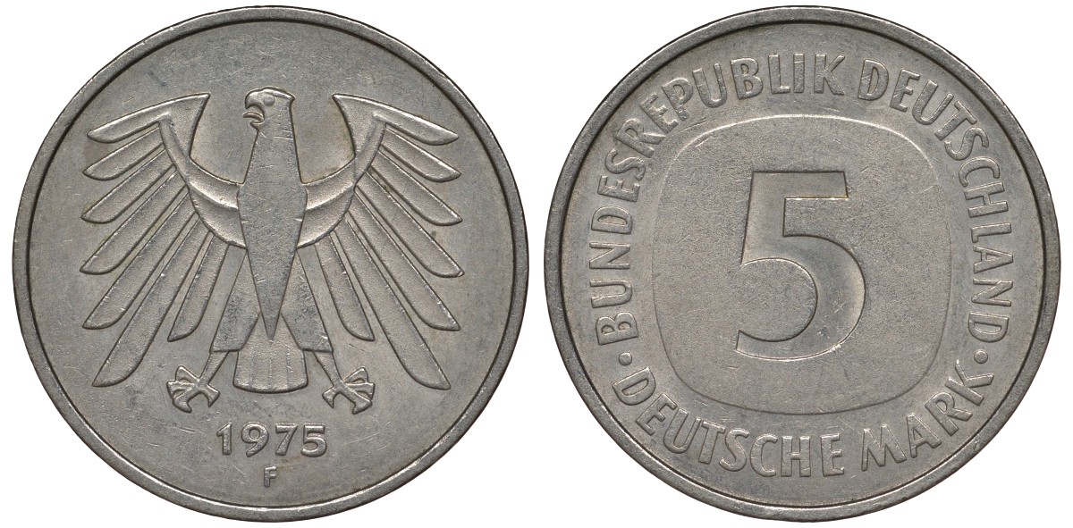 ФРГ 5 марок 1975 F, монетный двор Штутгарт КМ 140.1, J. 415 медно-никель плакированный никелем 4123-814