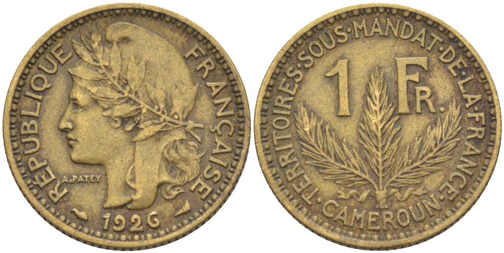 Французский Камерун 1 франк 1926 (а), монетный двор Париж KM 2 алюминиевая бронза 63-1132