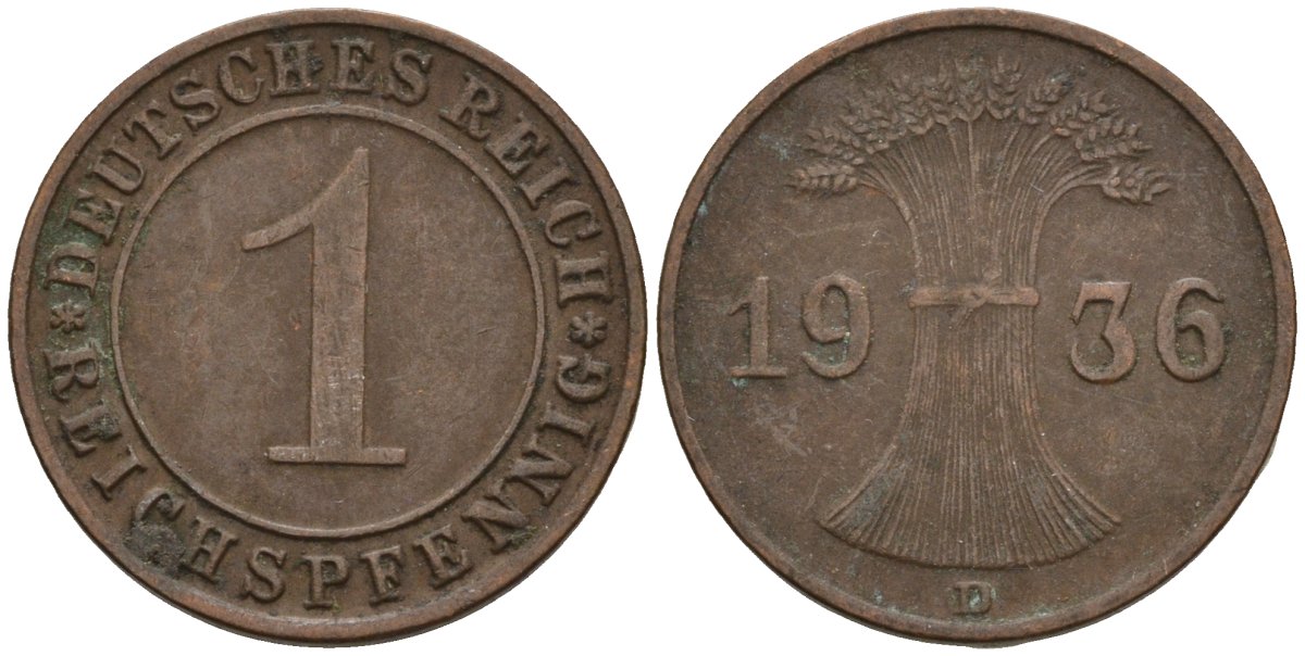 Германия 1 рейхспфенниг 1936 D KM 37, J. 313 бронза 4549-833