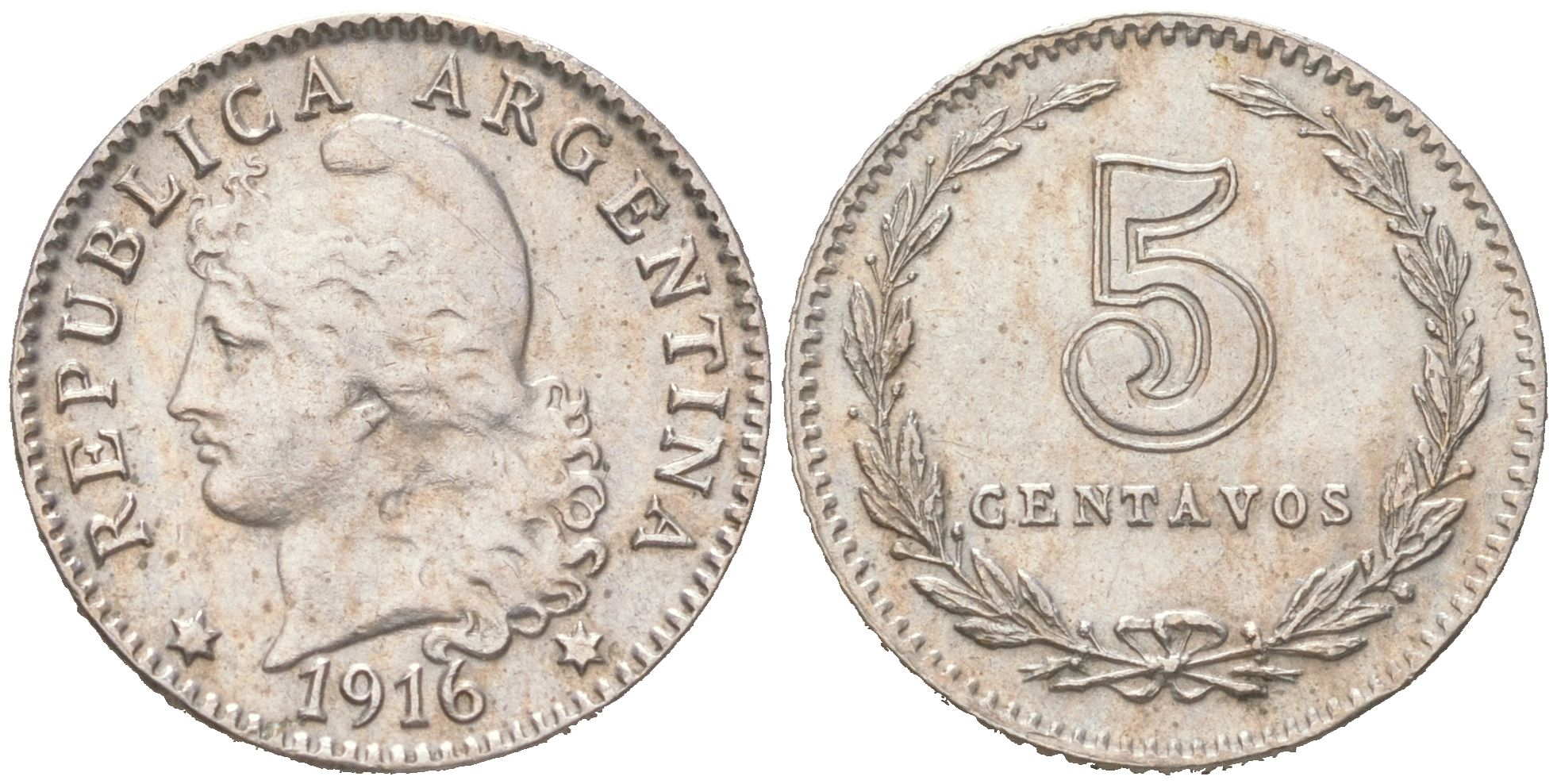 Аргентина 5 сентаво 1916 редкий год KM 34 медно-никель 4621-1037