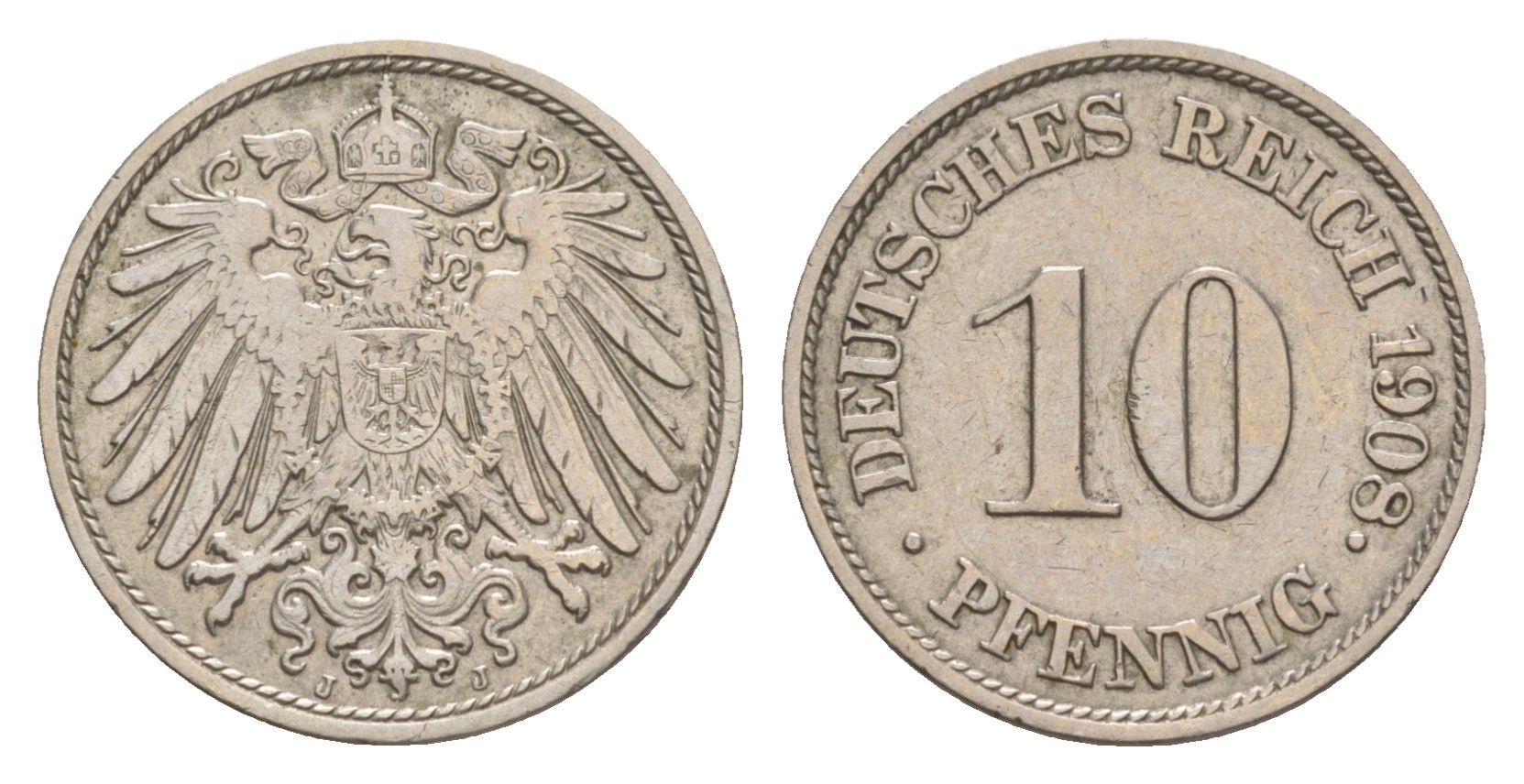 Германия 10 пфеннигов 1908 J, Вильгельм II (1888-1918) KM 12, J. 13 медно-никель 4640-316
