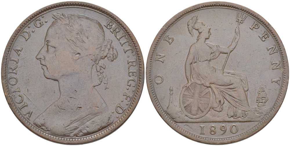 Великобритания 1 пенни 1890 Виктория (1837-1901) KM 755, Spink 3954 бронза 97-1215