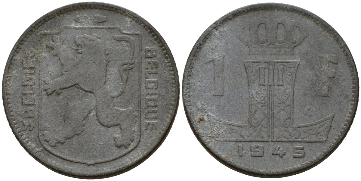 Бельгия 1 франк 1945 Belgie - Belgique, Леопольд III (1934-1947), германская оккупация, Вторая мировая война KM 128 цинк 4161-556