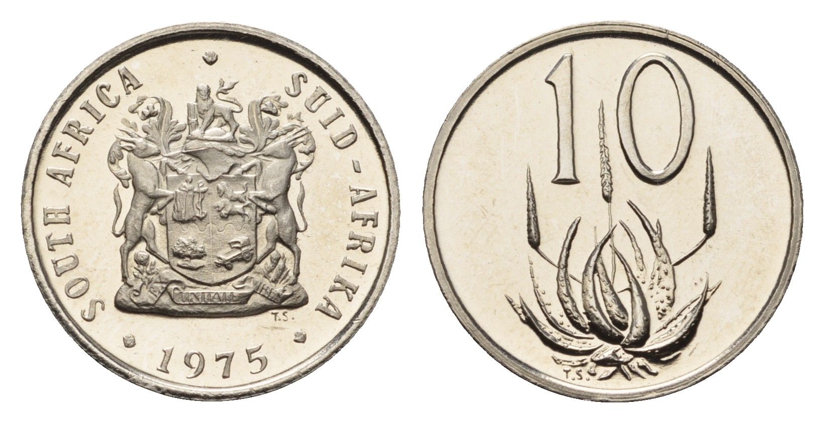 ЮАР 10 центов 1975 герб, цветок алоэ KM 85 никель PROOF 4690-958