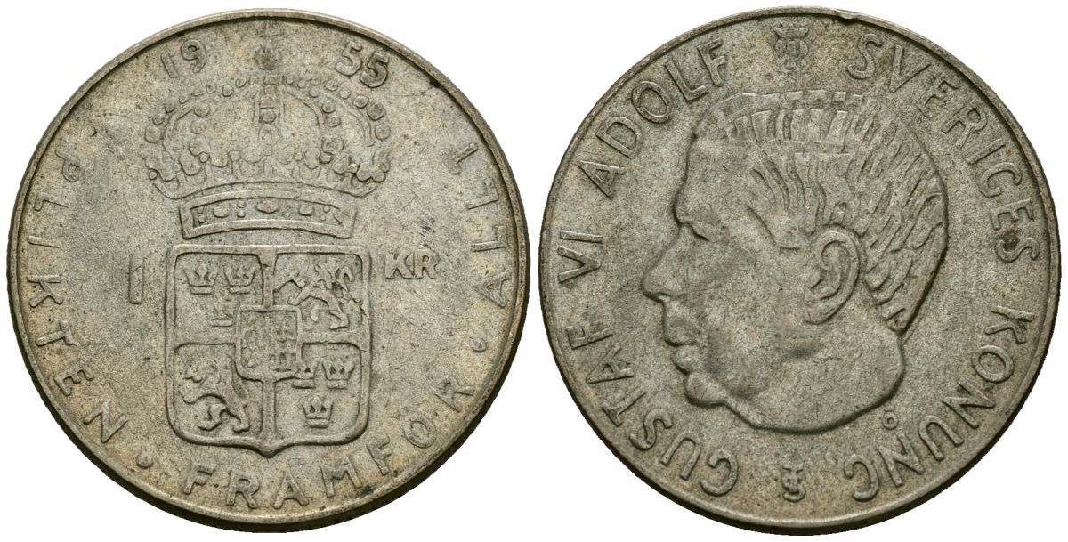 Швеция 1 крона 1955 TS, Густав VI Адольф (1950-1973) KM 826 серебро 4177-1011