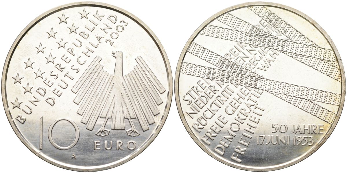 ФРГ 10 евро 2003 А, 50-я годовщина народного восстания 1953 года в ГДР KM 226, DE.S. 10.9 серебро PROOF 02-078-43