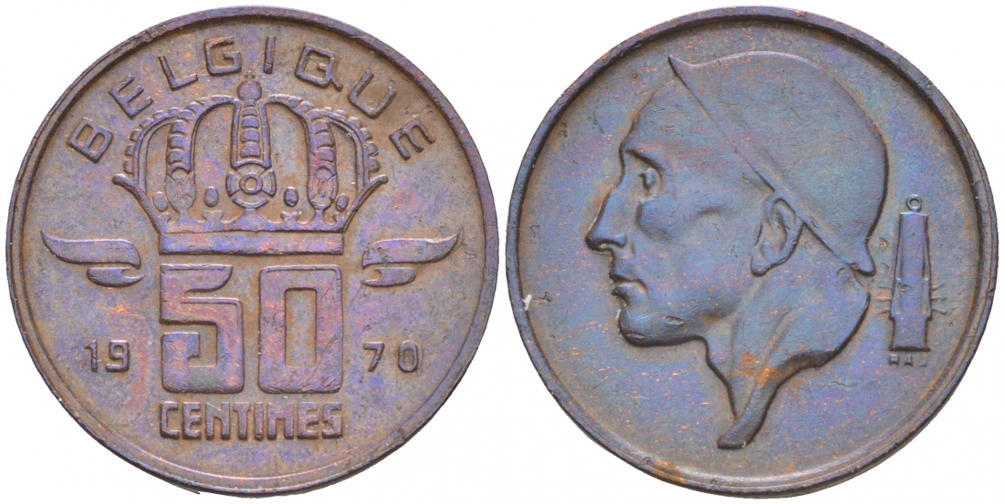БЕЛЬГИЯ 50 САНТИМОВ 1970 BELGIQUE KM 148.1 бронза 44-125