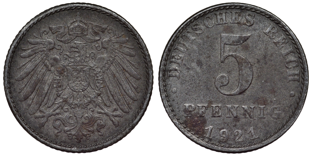 Германия 5 пфеннигов 1921 A KM 19, J. 297, Weege 5 железо 4118-1244