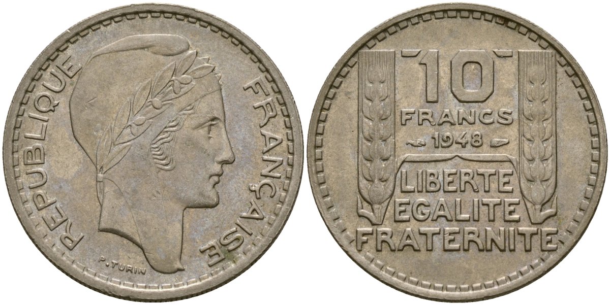 Франция 10 франков 1948 тип Пьер Турин KM 909.1, Le Franc 362.3 медно-никель 4137-624