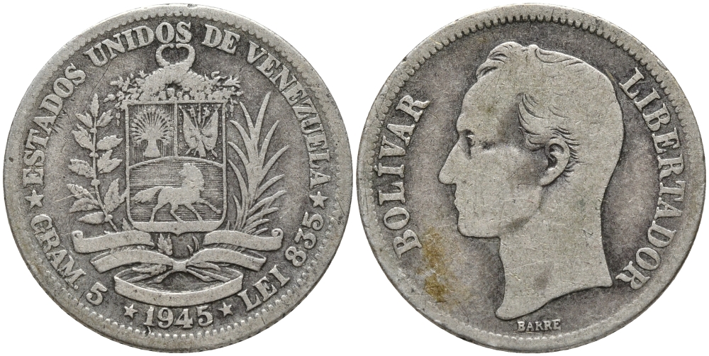 Венесуэла 1 боливар 1945 р, Симон Боливар KM 22a серебро 87-1225