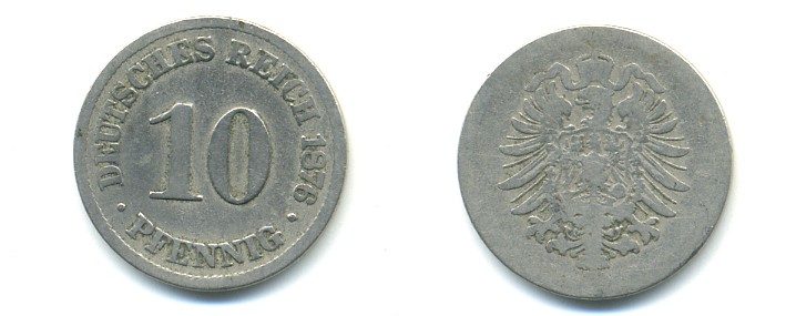 ГЕРМАНИЯ 10 ПФЕННИГОВ 1876 B, СТАРОГЕРБОВКА, KM 4, J. 4 медно-никель 4379-811