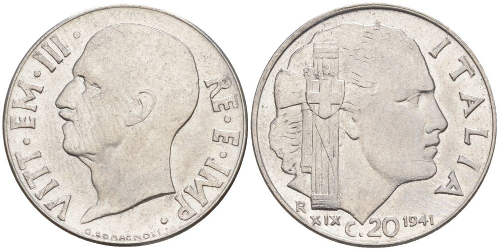 ИТАЛИЯ 20 ЧЕНТЕЗИМО 1941 R, ГОД XIX, ВИКТОР ЭММАНУИЛ III (1900-1946) KM 75b, VEM3. 1028 нержавеющая сталь 3853-947