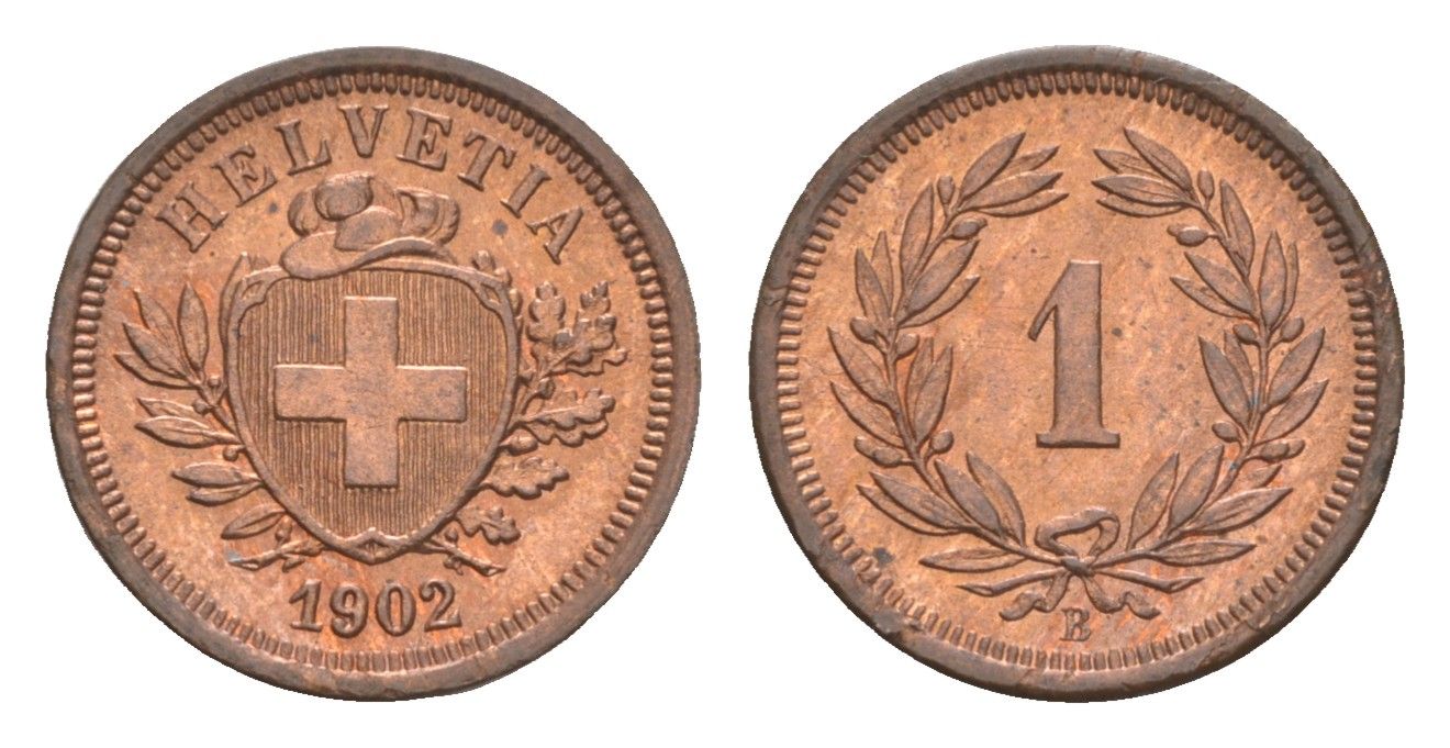 Швейцария 1 раппен 1902 B, редкий год KM 3 бронза UNC 00-810-85