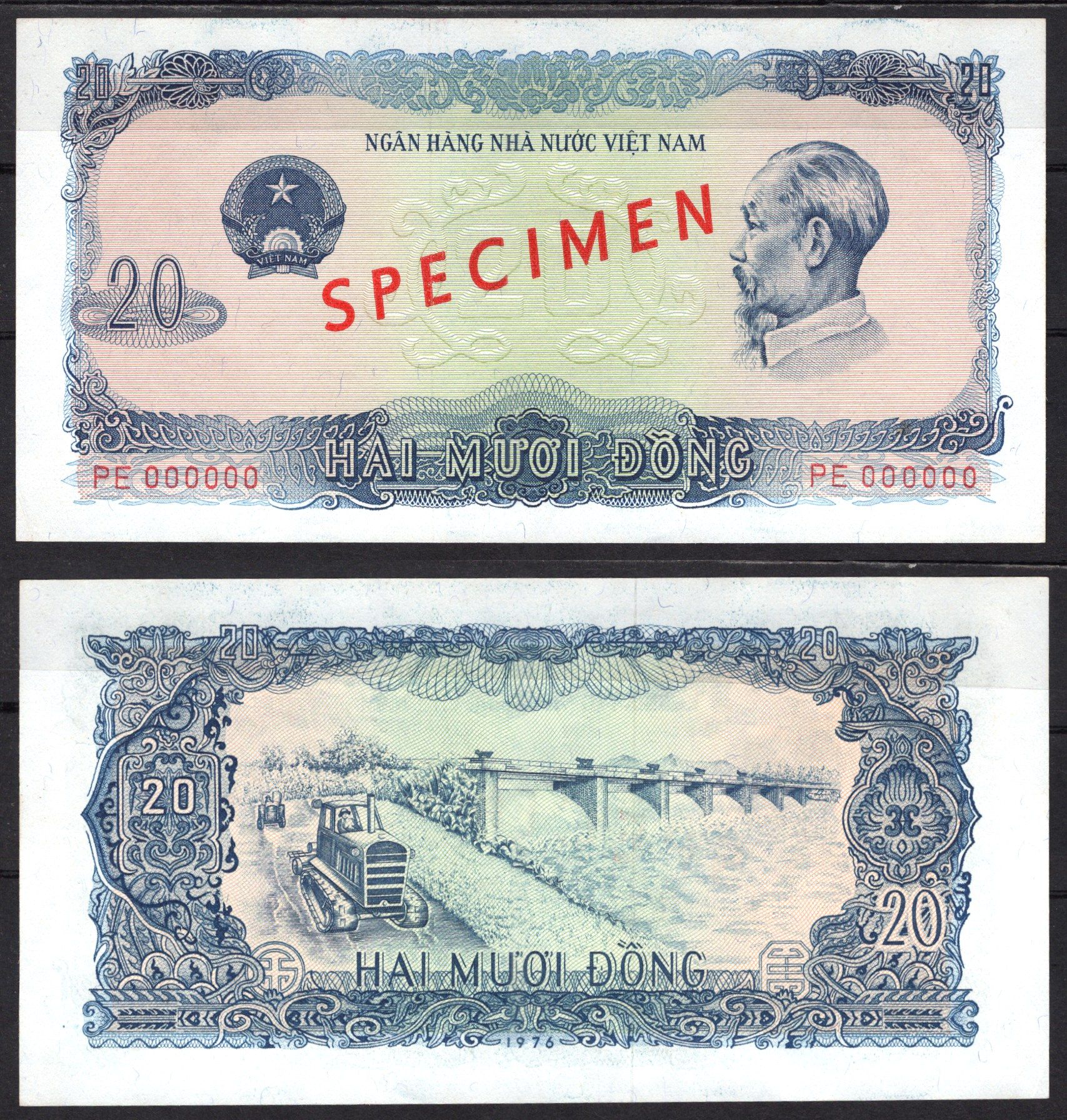Вьетнам 20 донг 1976 Образец - SPECIMEN. Хо Ши Мин. Тракторы, плотина гидроэлектростанции Pick 83 s бумага UNC (пресс) 451-794-2