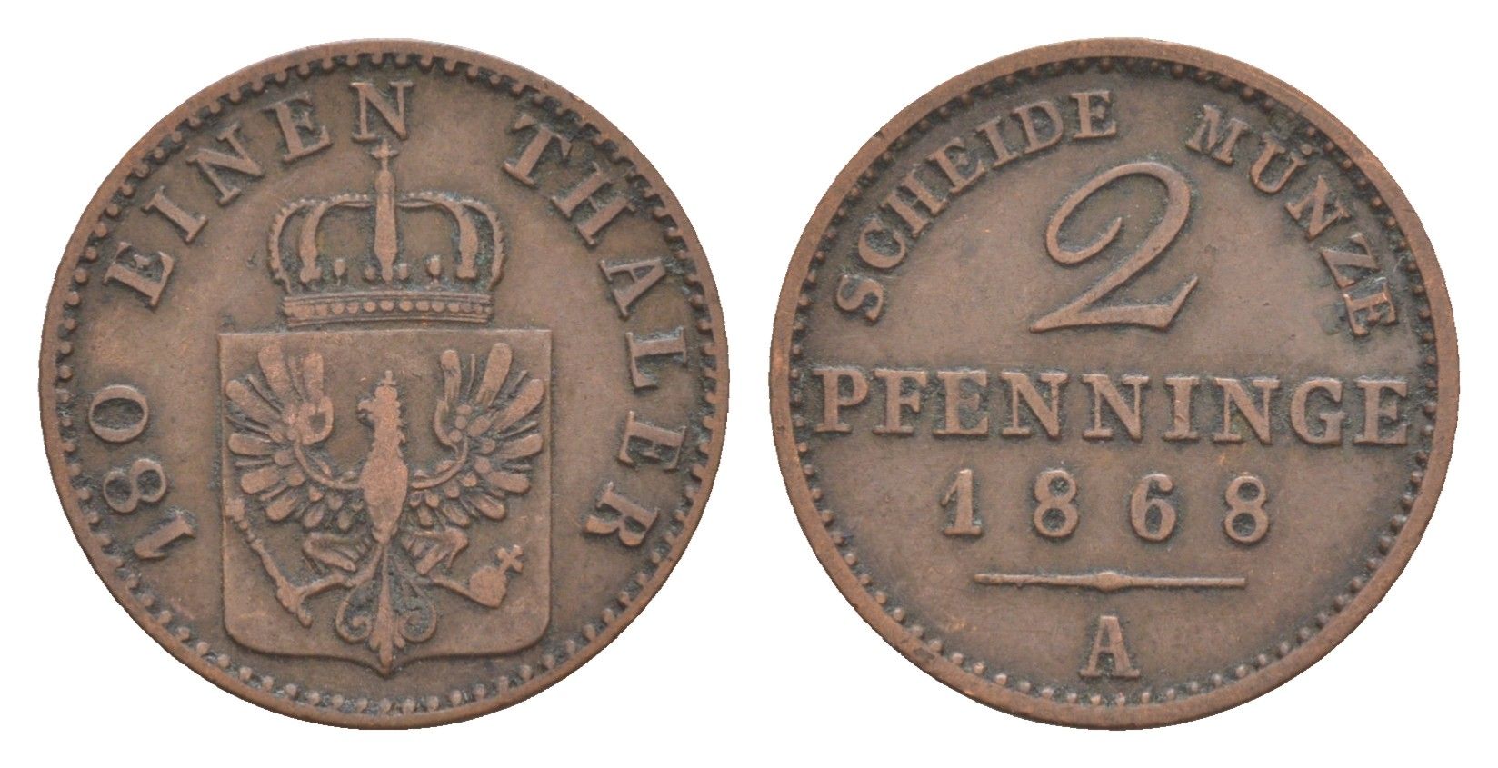 Пруссия 2 пфеннига 1868 A, Вильгельм I (1861-1888) KM 481, Jaeger 51, AKS 107, Olding 425 медь 4651-261